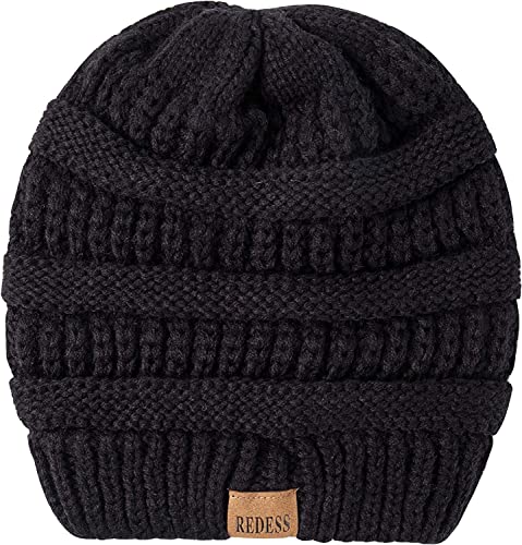 REDESS Oversized Cable Beanie Hat for Men and Women - Black, One Size