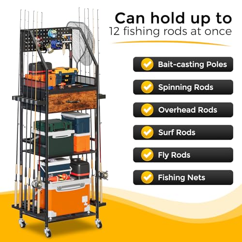 Single Row Fishing Rod Holder Organizer with Fabric Drawer & Pegboard - Modern Design