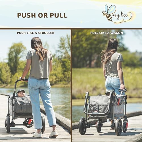 BusyBee Foldable Double Stroller Wagon for Kids, Safety Harness, Gray