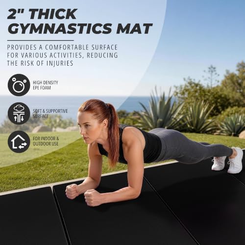Black HulkFit 4x8 Folding Gymnastics Mat - 2 Inch Thick Exercise Tumbling Pad for Home Gym