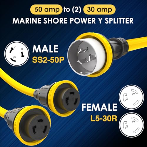 50 Amp to 30 Amp Marine Shore Power Adapter - Dual 30A Outlets, Heavy Duty RV Cord