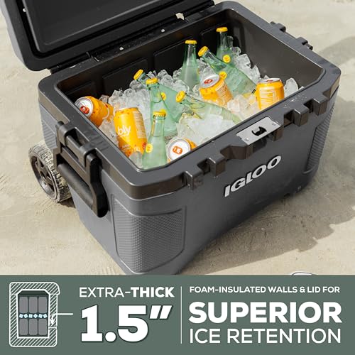 Igloo Trailmate 52 Qt Roller Cooler - Carbonite, Heavy-Duty Wheeled Ice Chest with Insulation & Accessories