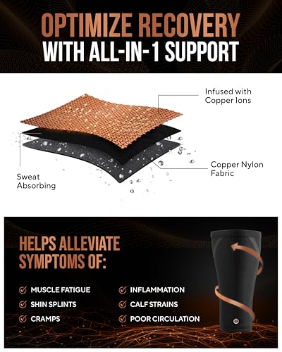 TheraCopper Copper Calf Compression Sleeve Large 2 Pack - Supports & Relieves Muscle Soreness