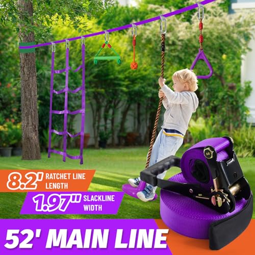 Kids Ninja Warrior Obstacle Course Slackline Set - 52ft with 9 Accessories, Purple
