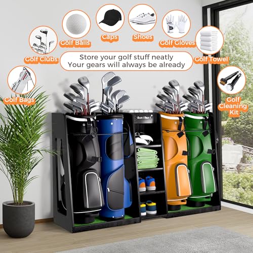 SuniBoxi Wooden Golf Bag Organizer for Garage - XL, Dark Black, 4 Bag Capacity
