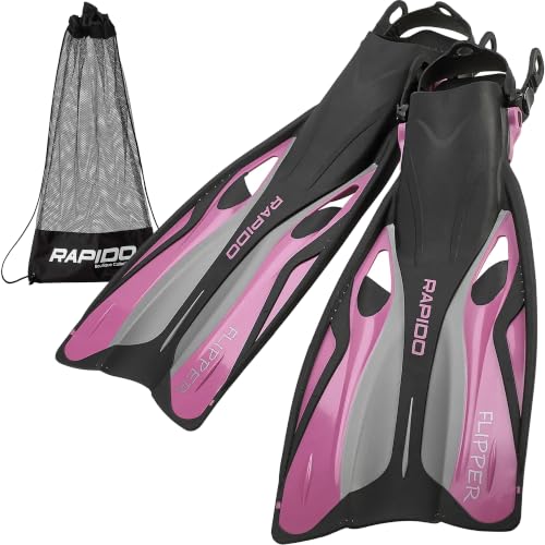 Pink Adjustable Open Heel Snorkel Fins for Men & Women - S/M (EU 38-42) with Carry Bag
