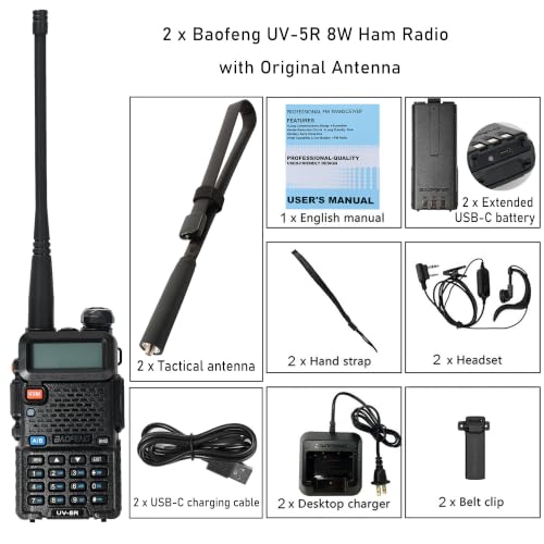 Baofeng UV-5R Ham Radio Handheld Two-Way Radio 8W with 18.5'' Tactical Antenna & USB-C Battery