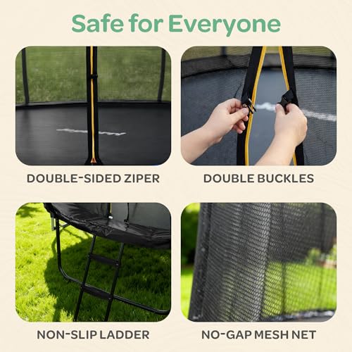 Black 12FT Outdoor Trampoline with LED Lights, Safety Net, Ladder – ASTM Certified