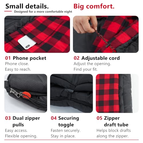 Big & Tall 0 Degree Sleeping Bag for Adults - Black, 84 x 40 Inches, Flannel Lining, Right Zip - PO PO BEAR