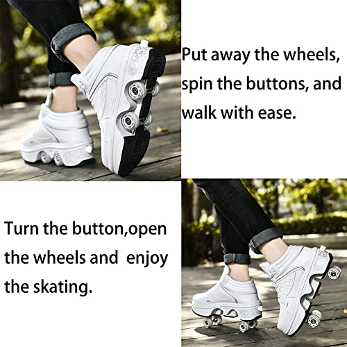 KOFUBOKE 8 High White 2-in-1 Unisex Roller Skates & Sneakers with Retractable Wheels