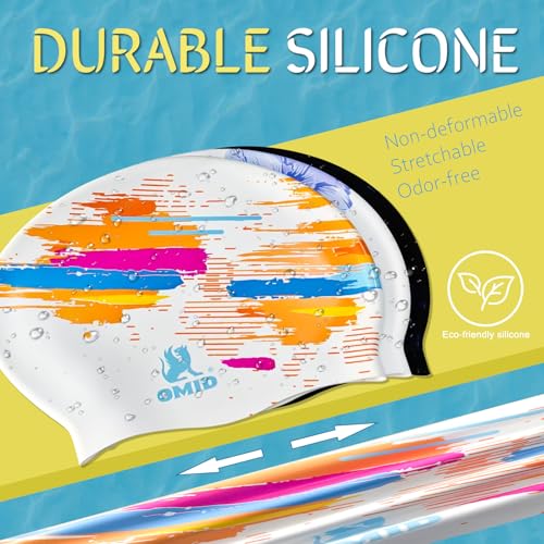 OMID Multi-Color Streak Silicone Swim Cap for Long & Thick Hair - Extra Large Pool & Beach