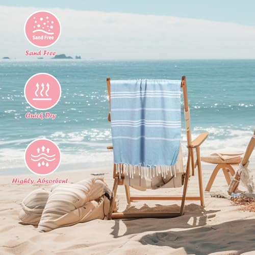Oversized Turkish Beach Towels 36x71 Inches - 12 Pack Blue Sand-Free Quick Dry Lightweight Pool & Bath Towel Set