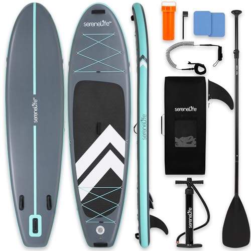 SereneLife 10’ Inflatable SUP Board - Gray, Wide Stable Design, Complete Kit for Water Sports