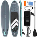 SereneLife 10’ Inflatable SUP Board - Gray, Wide Stable Design, Complete Kit for Water Sports
