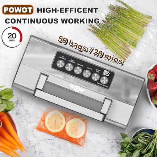 POWOT Grey Fully Automatic Food Vacuum Sealer with Double Heat Seal & Built-in Cutter