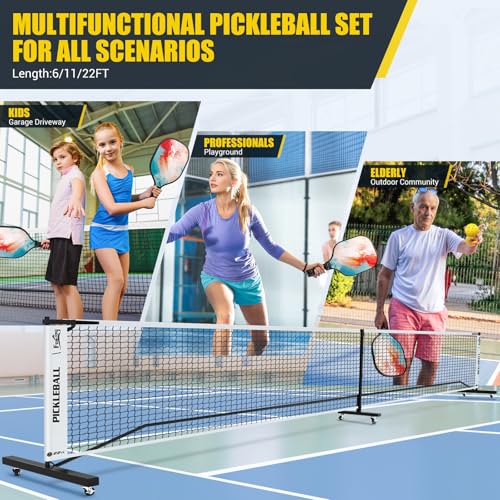 Fostoy Portable Pickleball Net Set with Wheels, 22FT & Half Court 11FT - 3in1 Black & White