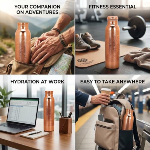 Natural Copper Water Bottle Pack of 2 - 1000ml Pure Copper Hydration Bottle for Yoga, Sports, and Travel
