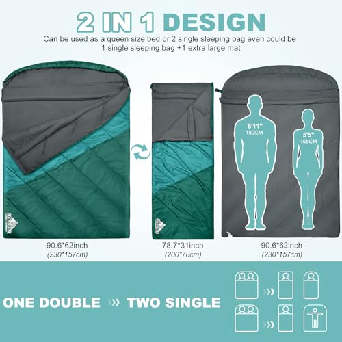 AGEMORE Lakes Double Sleeping Bag for Adults Queen Size 2 Person, 3-4 Season Camping