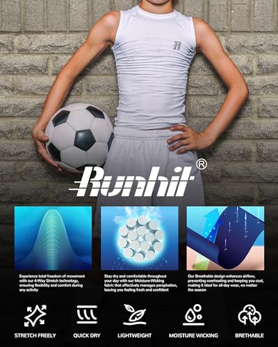 Runhit Boys Sleeveless Athletic Compression Tank Top Kids Quick Dry Sports Shirt - Large Grey