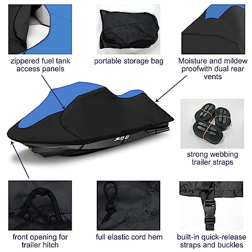 600D Waterproof Jet Ski Cover Fits 126-135 Inch 3 Seater - Blue & Black, Windproof & UV Protected