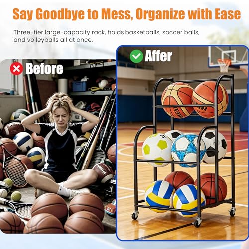 Ball Storage Rack with Wheels - Space-Saving Vertical Organizer for Basketball, Football, Soccer