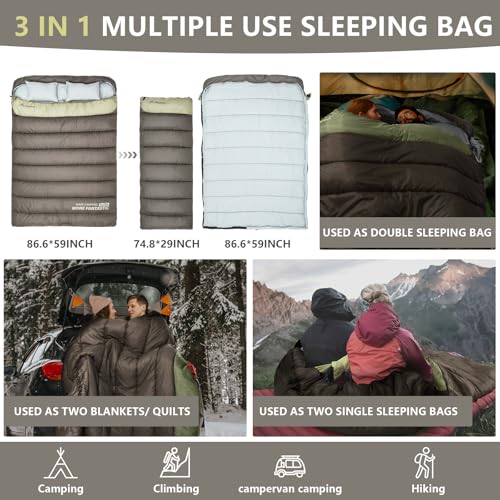 BISINNA Double Sleeping Bag for Adults - Queen Size, Green, Warm & Spacious