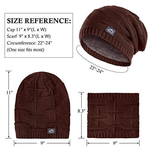 Unisex Winter Beanie Hat Scarf Gloves Set - Brown Knit Slouchy Ski Cap with Fleece Lined Neck Warmer