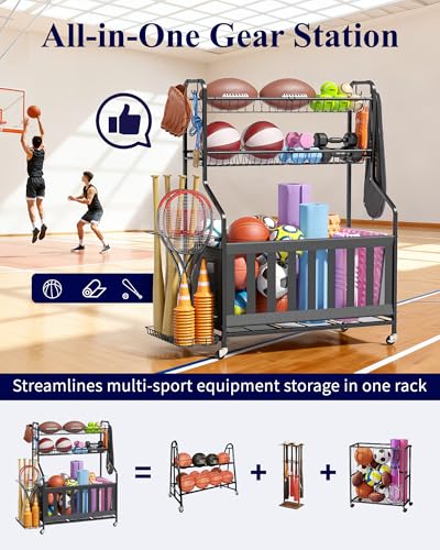 Garage Sports Equipment Organizer with Wheels - Black, 40 x 16.7 x 45.6 Inches