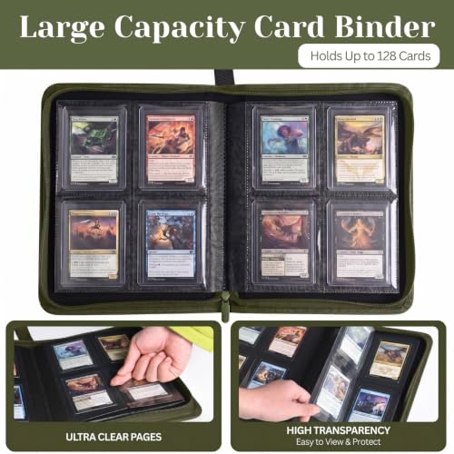 4 Pocket Card Binder Green - Waterproof Toploader Storage for 128 Rigid 3x4 Cards