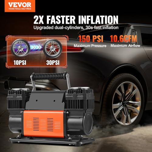 VEVOR 10.6 CFM Heavy Duty Portable Air Compressor 12V 150PSI Offroad Tire Inflator with Adapters, Orange & Black, 14.4x5.9x8.9 in