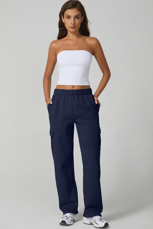 QINSEN Womens Casual Long Cashmere Pants Wide Leg Sweatpants with Pockets Lounge Navy S