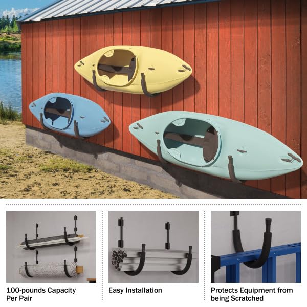 2-Pack Kayak Wall Mount Hangers with 100lb Capacity - Garage Storage Hooks - Black