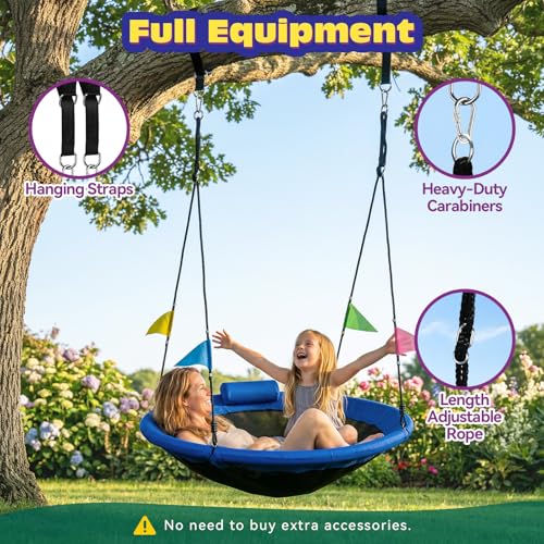 48 Inch Saucer Tree Swing with Detachable Pillow for Outdoor Backyard - Blue