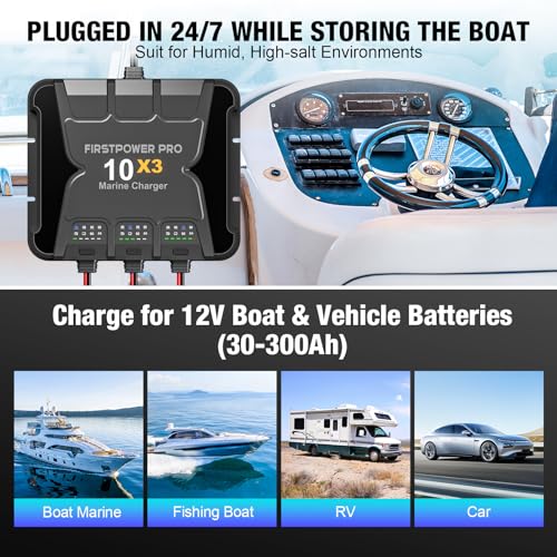 FirstPower Pro 3-Bank Marine Battery Charger 10X3, 30A, 12V Boat Charger