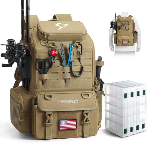 Piscifun Khaki Fishing Tackle Backpack 52L with Rod Holders & 4 Boxes