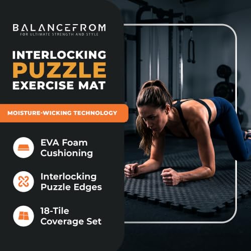 BalanceFrom Puzzle Exercise Mat Black 1-Inch Thick Interlocking Foam Floor - 72 Sq Ft