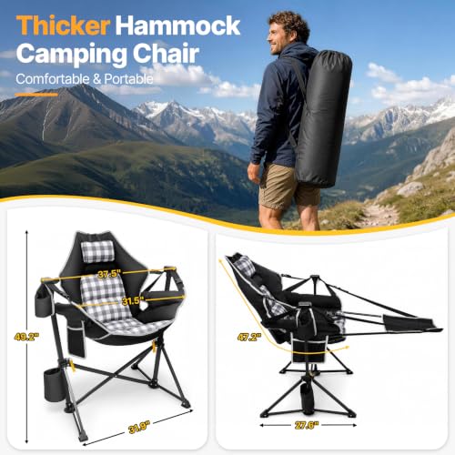 Suteck Black Plaid Hammock Camping Chair with Footrest & Thick Padding