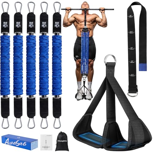 Pull Up Assistance Bands Set with Foot Support Pedal - 5 Resistance Bands 80LBS Blue