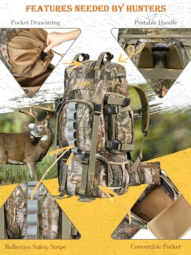 Tree Variation 60L Hunting Backpack for Men Large Capacity Camouflage Pack with Rain Cover
