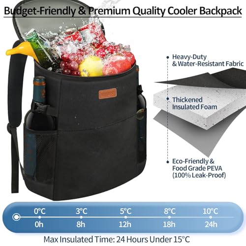 Vankor Insulated Cooler Backpack Leakproof 45 Can Capacity - Black