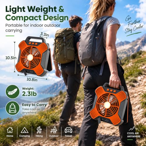 Portable Solar Powered Fan with Rechargeable Battery & LED Light - Black & Orange