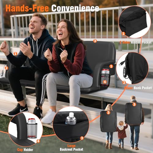 Heated Stadium Seats for Bleachers 2-Pack - 25 Inch Wide USB Heating, Black Variation