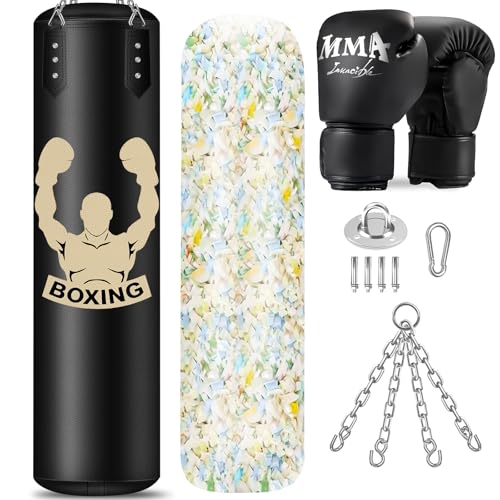 Black 4FT Filled Punching Bag for Adults with Gloves and Accessories