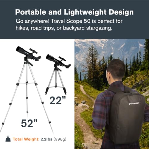 Celestron Travel Scope 50mm Refractor Telescope with Backpack & Tripod – Beginner Astronomy Kit