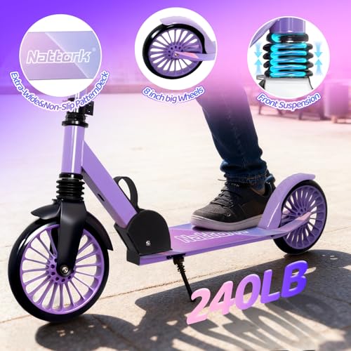 Kids & Adults Kick Scooter with 8-Inch Wheels, Adjustable & Foldable - Purple