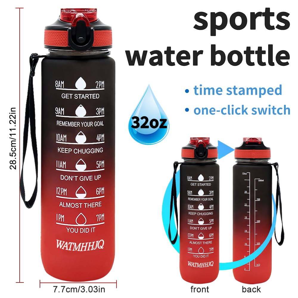 WATMHHJQ 32oz Sports Water Bottle Outdoor, with Drinking Time and Capacity Labels, Sport Water Cups with Straw,BPA Free Leak Proof,for Fitness Gym Running Climbing (Black red)