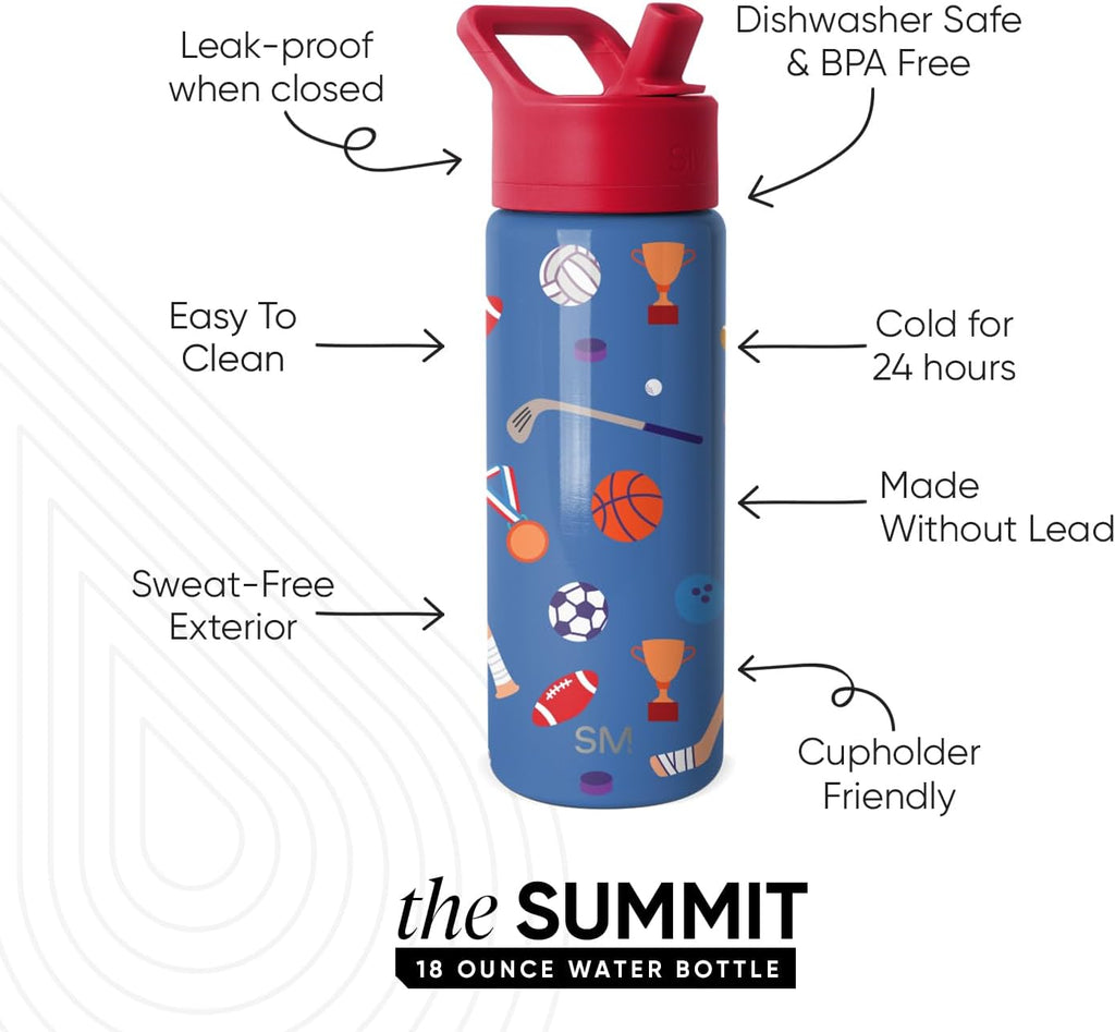 Simple Modern Kids Summit Water Bottle - 18oz Insulated Stainless Steel Tumbler with Straw Lid | Sports Balls Design