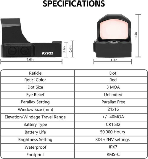 Foxarmy FXV22 Micro Red/Green Dot Sight - 3MOA Compact Reflex Optic for Shield RMSc/K Pistols | IPX7 Waterproof