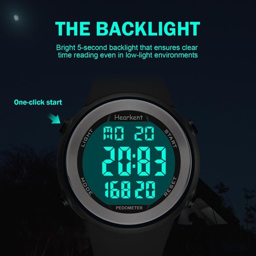 Hearkent Waterproof Pedometer Watch - Digital Step Counter with Light & Alarm | Fitness Tracker for Men & Women