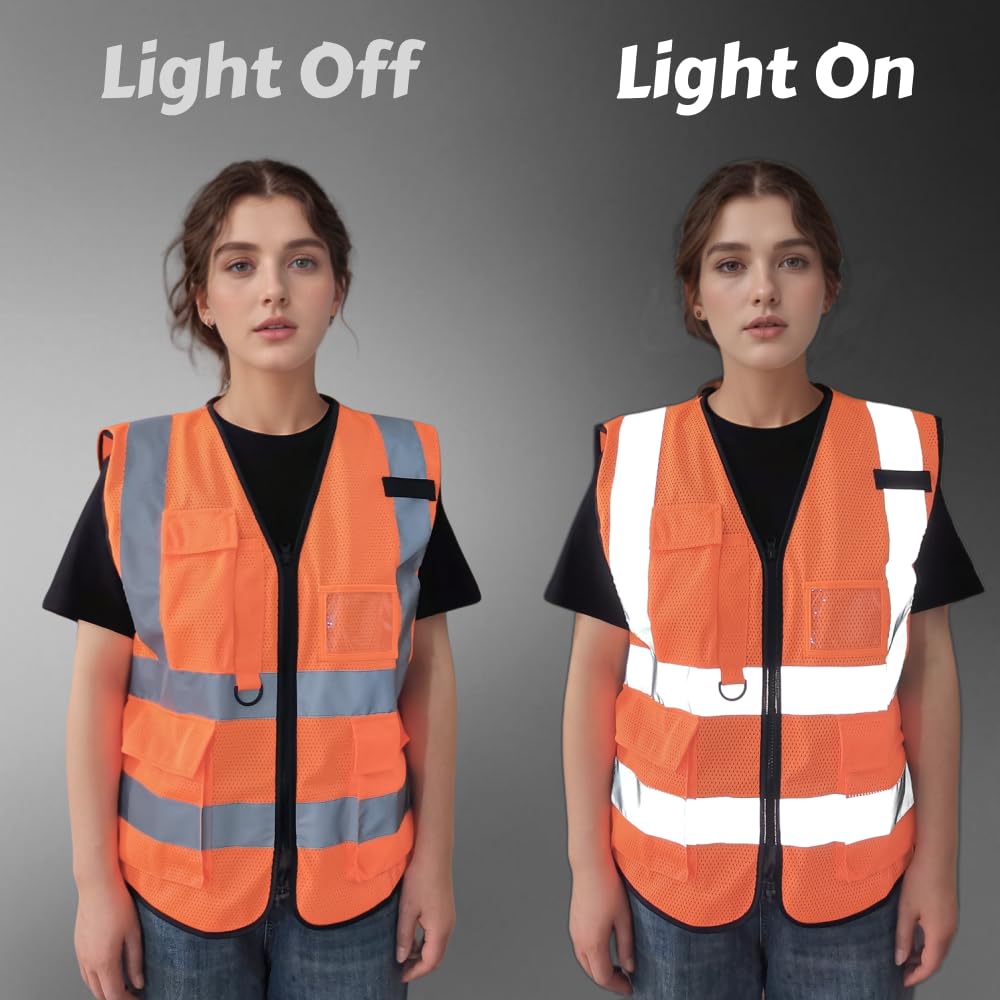 IDOU High Visibility Orange Reflective Safety Vest - Breathable Work Vest with 5 Pockets & Zipper, Comfort Fit for Construction, Night Shifts, Outdoor Use L